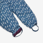 Close-up of an EcoWarm Waterproof Snowsuit Blue, legs patterned with white lightning bolts, ends with purple cuffs and blue straps.